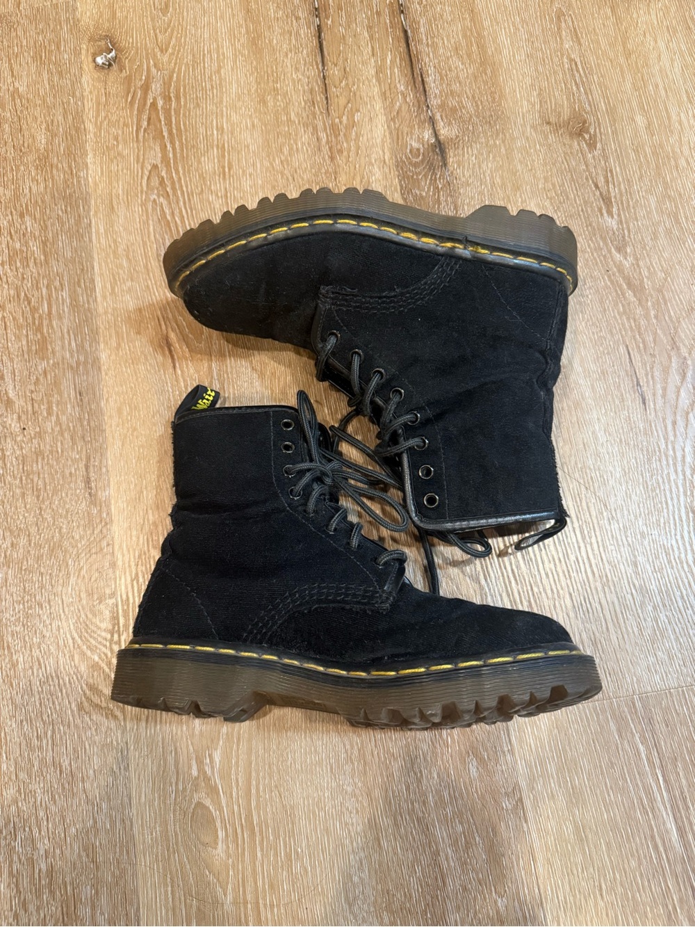 Dr. Martens Black Suede Combat Boots with Yellow Stitching